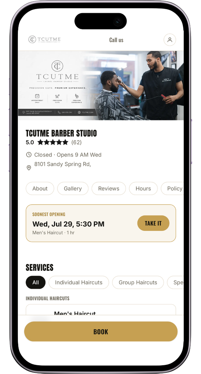 A shop's FullSchedule booking site with services and prices