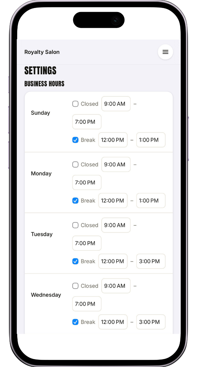 The business hours screen with per day opening times and breaks