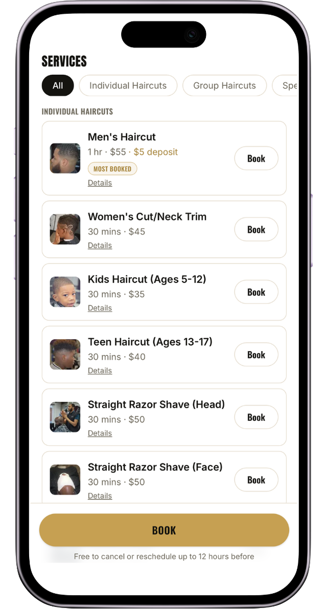 The FullSchedule booking flow with services, add-ons, and a running total