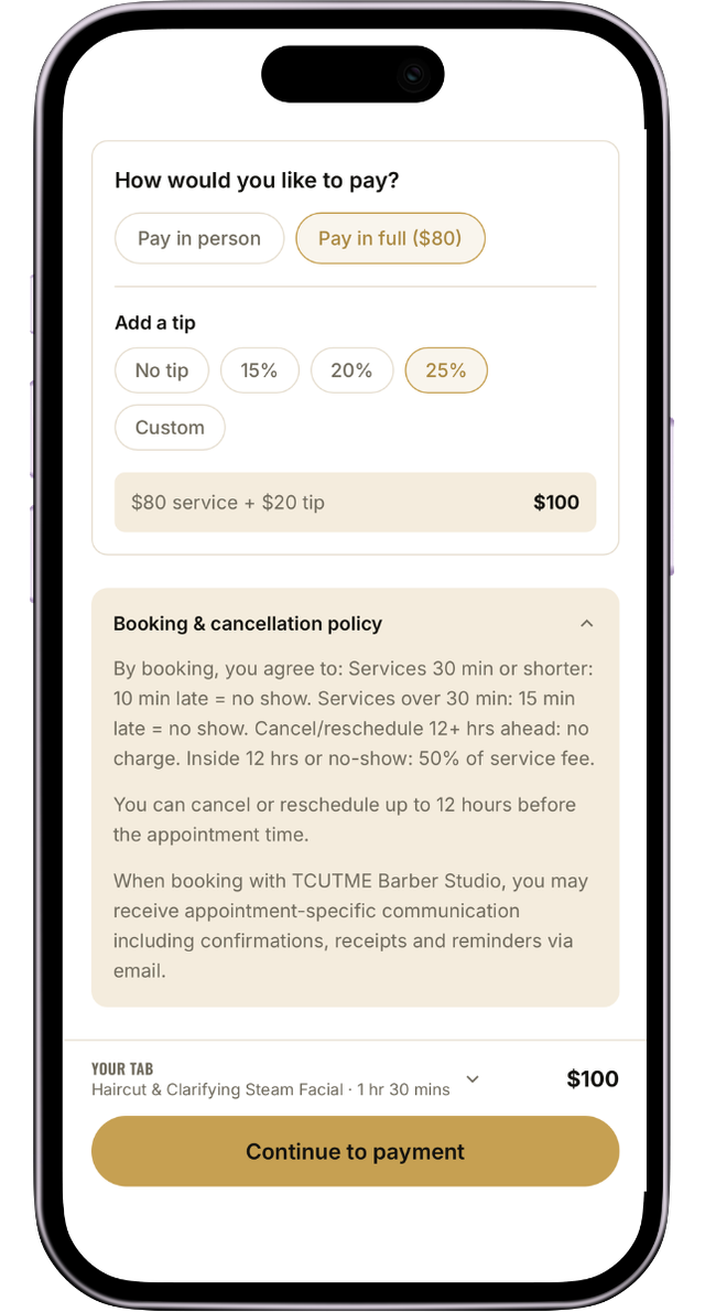 The FullSchedule checkout screen with deposit, tip options, and booking policy