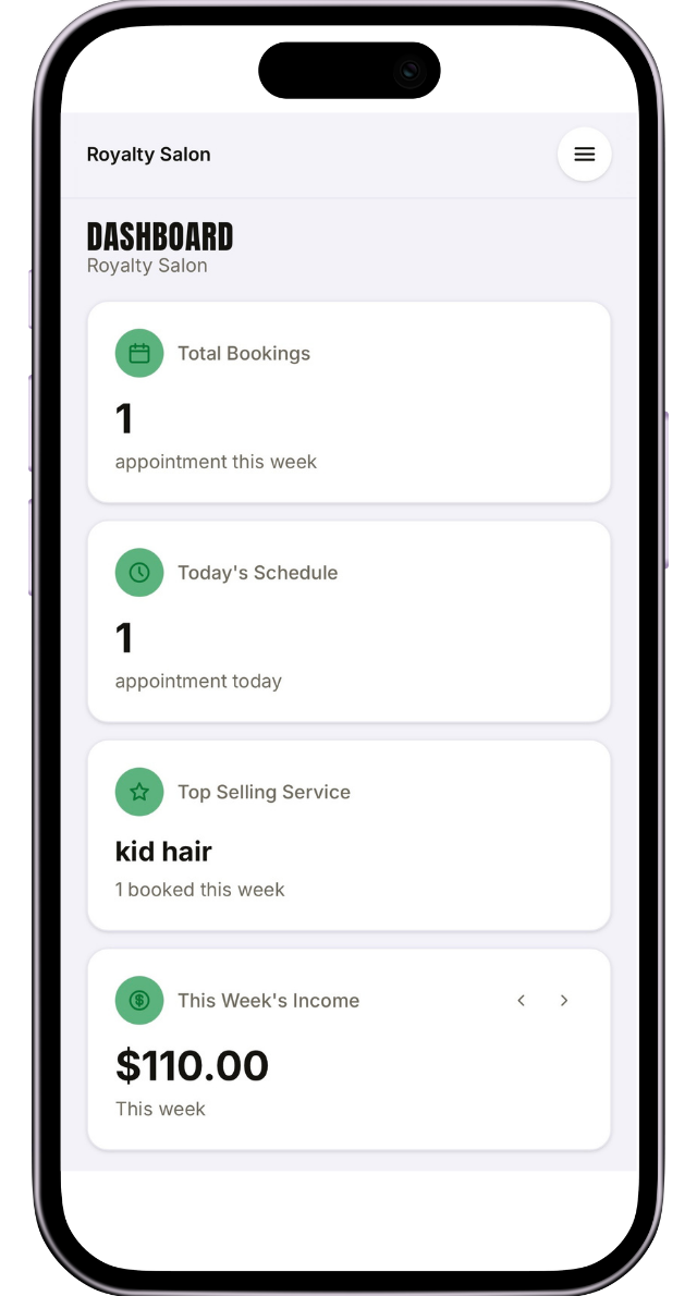 The FullSchedule admin dashboard showing this week's bookings and income