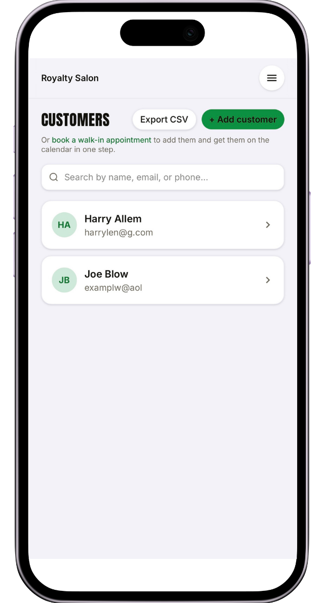 The FullSchedule customer list with search and CSV export