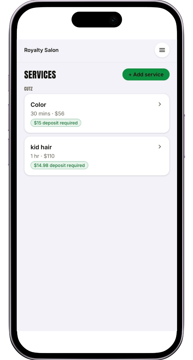 The services screen with categories, durations, prices, and deposits