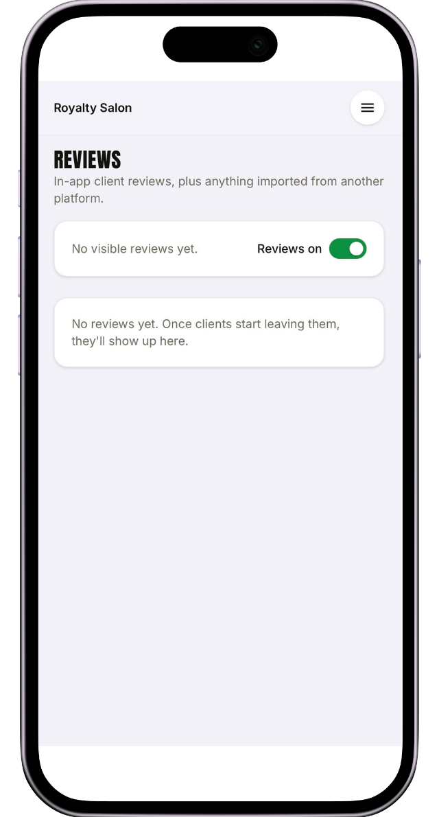 The reviews screen with a toggle to show reviews on the booking site