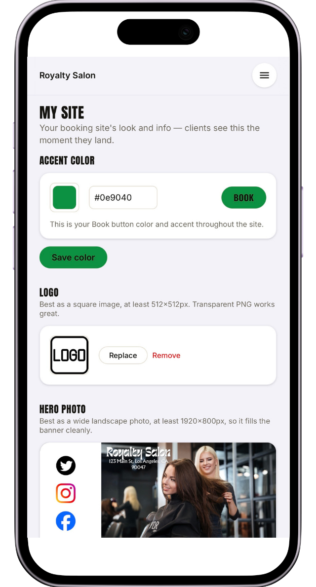 The branding screen with accent color, logo upload, and hero photo